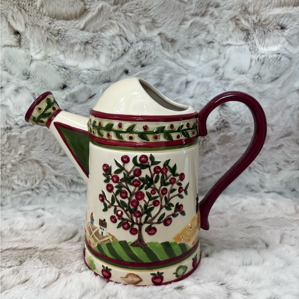 Ganz Bella Casa Decorative Ceramic Watering Can with Apple Tree Pattern. Vtg